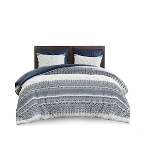 3-Piece Navy Cotton King Comforter Set with Chenille Tufting