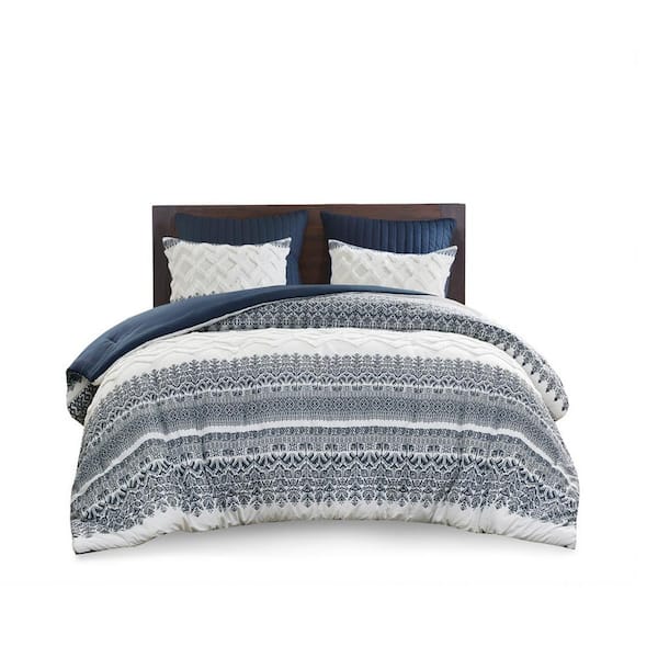 Unbranded 3-Piece Navy Cotton King Comforter Set with Chenille Tufting
