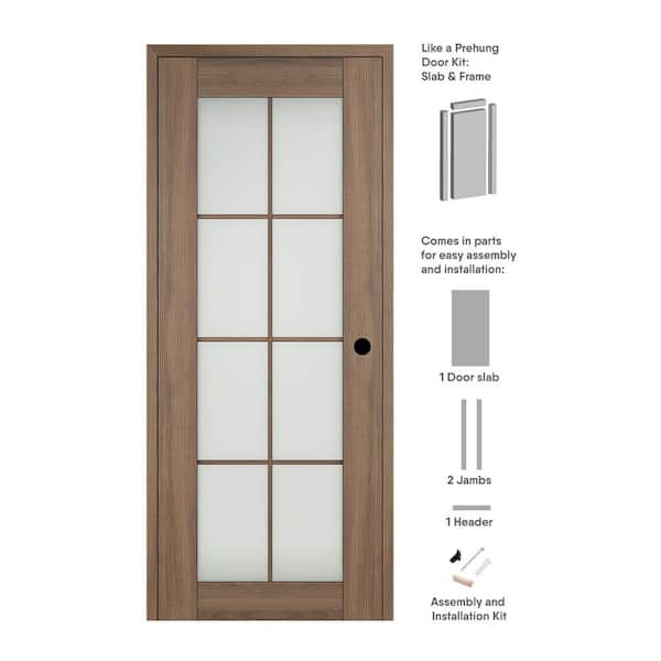 Belldinni 30 in. x 83.25 in. Vona Left-Hand 8-Lite Frosted Glass Pecan Nutwood Wood Composite Single Prehung Interior Door