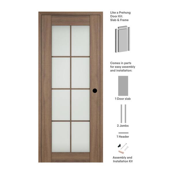 Belldinni 18 in. x 96 in. Vona Left-Hand 8-Lite Frosted Glass Pecan Nutwood Wood Composite Single Prehung Interior Door