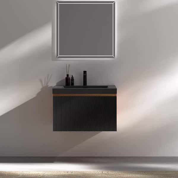 FAMYYT 24 in. W Single Sink Walnut Black Floating Bath Vanity with Matte Black Quartz Sand Top