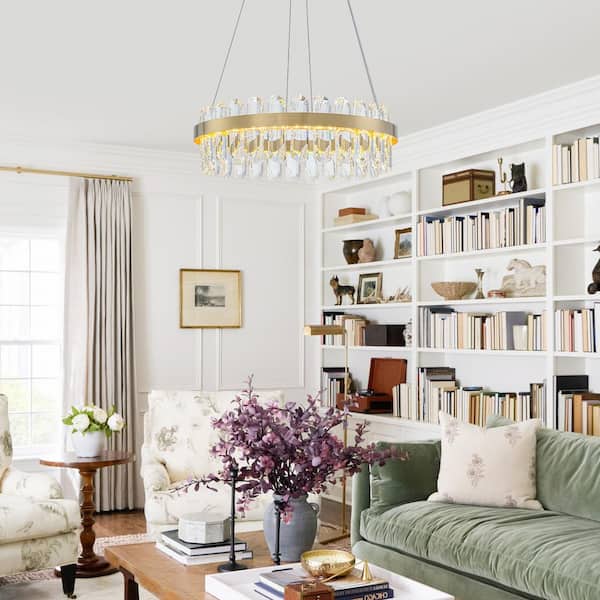 19.57 in. Modern Gold Crystal Integrated LED Chandelier Island Drum Pendant Light for Dining Room