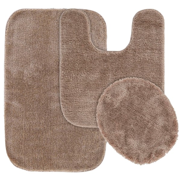 Traditional Taupe Beige 3 Piece Nylon Washable Bathroom Rug Set