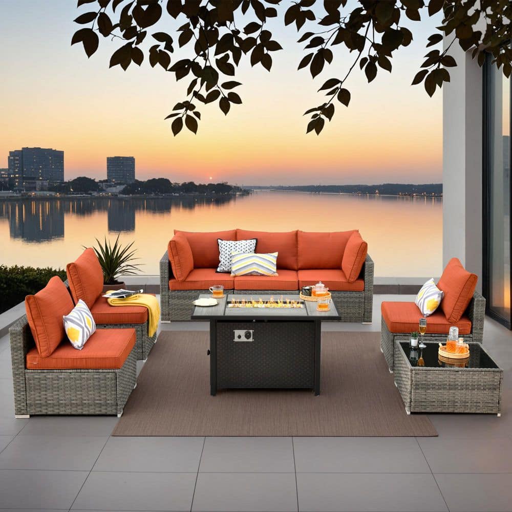 Sanibel Gray 8-Piece Wicker Patio Conversation Sofa Sectional Set with a Metal Fire Pit and Orange Red Cushions price history on PriceWatchPro