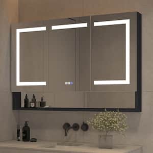 48 in. W x 32 in. H Rectangular Black Aluminum Recessed/Surface Mount Medicine Cabinet with Mirror LED and Open Shelf