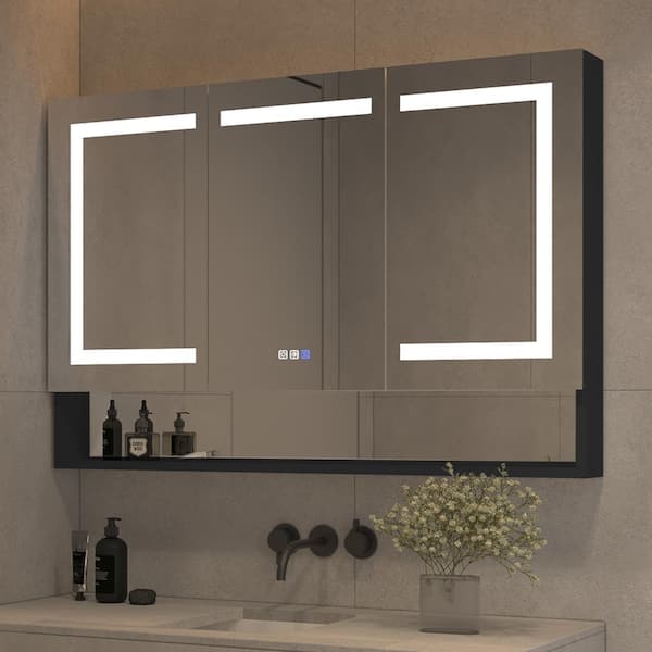 WELLFOR 48 in. W x 32 in. H Rectangular Black Aluminum Recessed/Surface Mount Medicine Cabinet with Mirror LED and Open Shelf