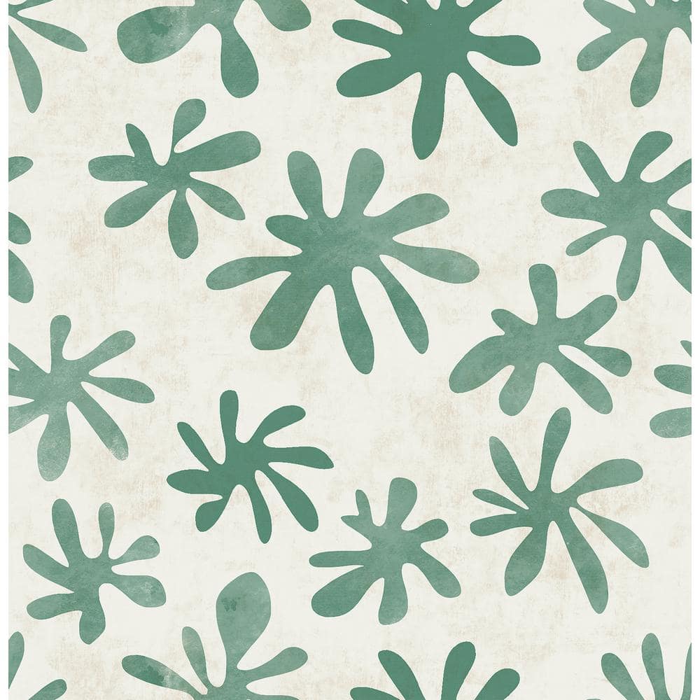 Green and Off-White Vinyl Floral Peel and Stick Wallpaper