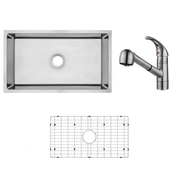 CHESHIRE 31 in. Tiny Radius Undermount Single Bowl 18-Gauge Stainless Steel Kitchen Sink with Pull-out Brushed Kitchen Faucet