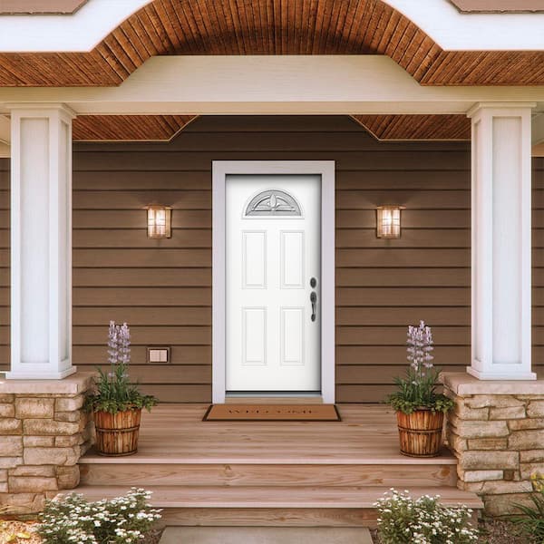 36 in. x 80 in. Left-Hand/Inswing 1/4 Fan Lite Blakely Decorative Glass Modern White Steel Prehung Front Door