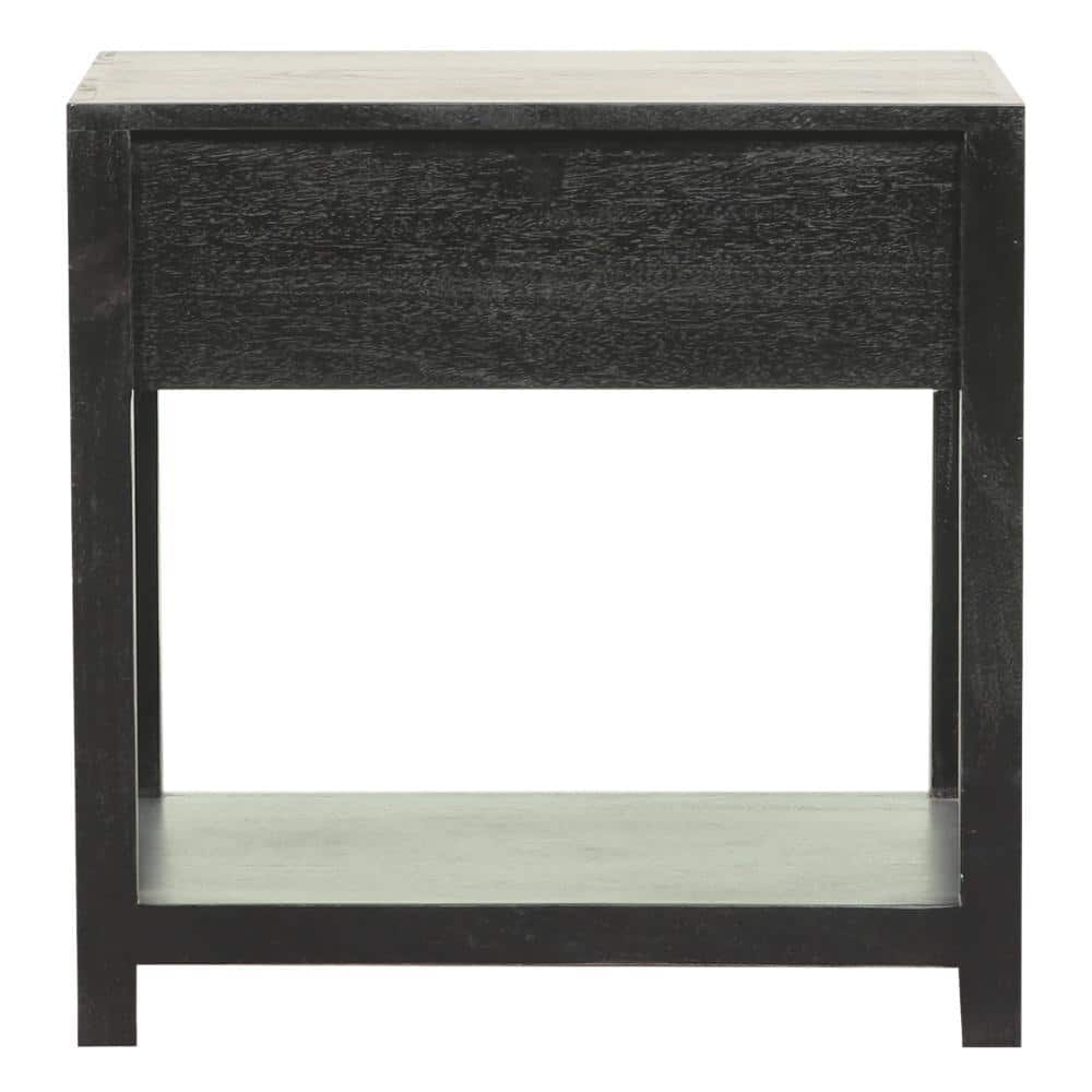 Tia 22 Inch Black Pine Wood Side Table with Rattan Drawer
