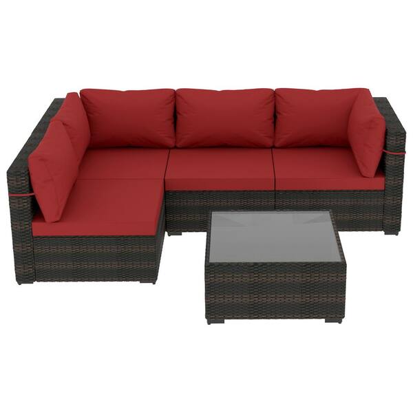 UPHA 5Piece Wicker Patio Conversation Sectional Seating Set with Red