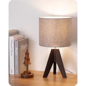 14.2 in. Walnut Color Wooden Tripod Table Lamp with Fabric Shade