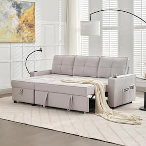 82.3 in. Grey Multi-functional Fabric Queen Size Sofa Bed with Cup Holder USB Port and Side Pockets