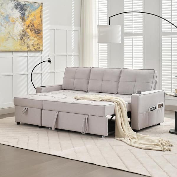 JEAREY 82.3 in. Grey Multi-functional Fabric Queen Size Sofa Bed with Cup Holder USB Port and Side Pockets