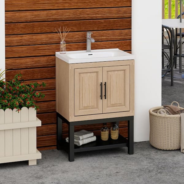 23 in. Light Brown Bath Vanity with Sink, Wood Storage Cabinet with White Ceramic Top Basin and Faucet Combo Set