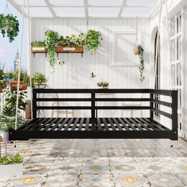 2-Person Teak Wood Twin Porch Swing Bed with Powder-Coated Midnight Black Frame​