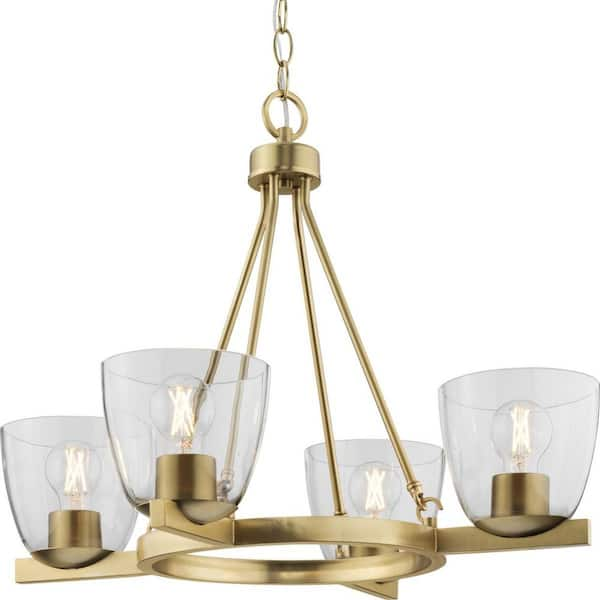 Tamassee Collection 4-Light Brushed Gold Updated Traditional Chandelier with Clear Glass Shades for Dining Room