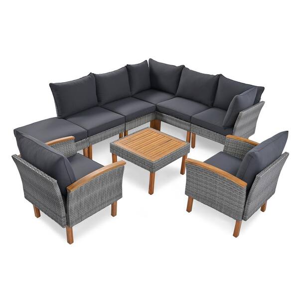 Angel Sar 9-Piece PE Wicker Patio Conversation Set with Gray Cushions and Acacia Wood Table