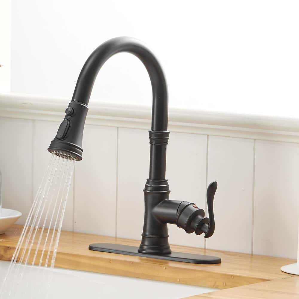 Matte Black Single-Handle Pull-Down Kitchen Faucet with Deck Plate