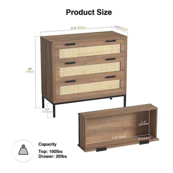 Aupodin Brown 3 drawer 31.5 in. Wide Chest of Drawers