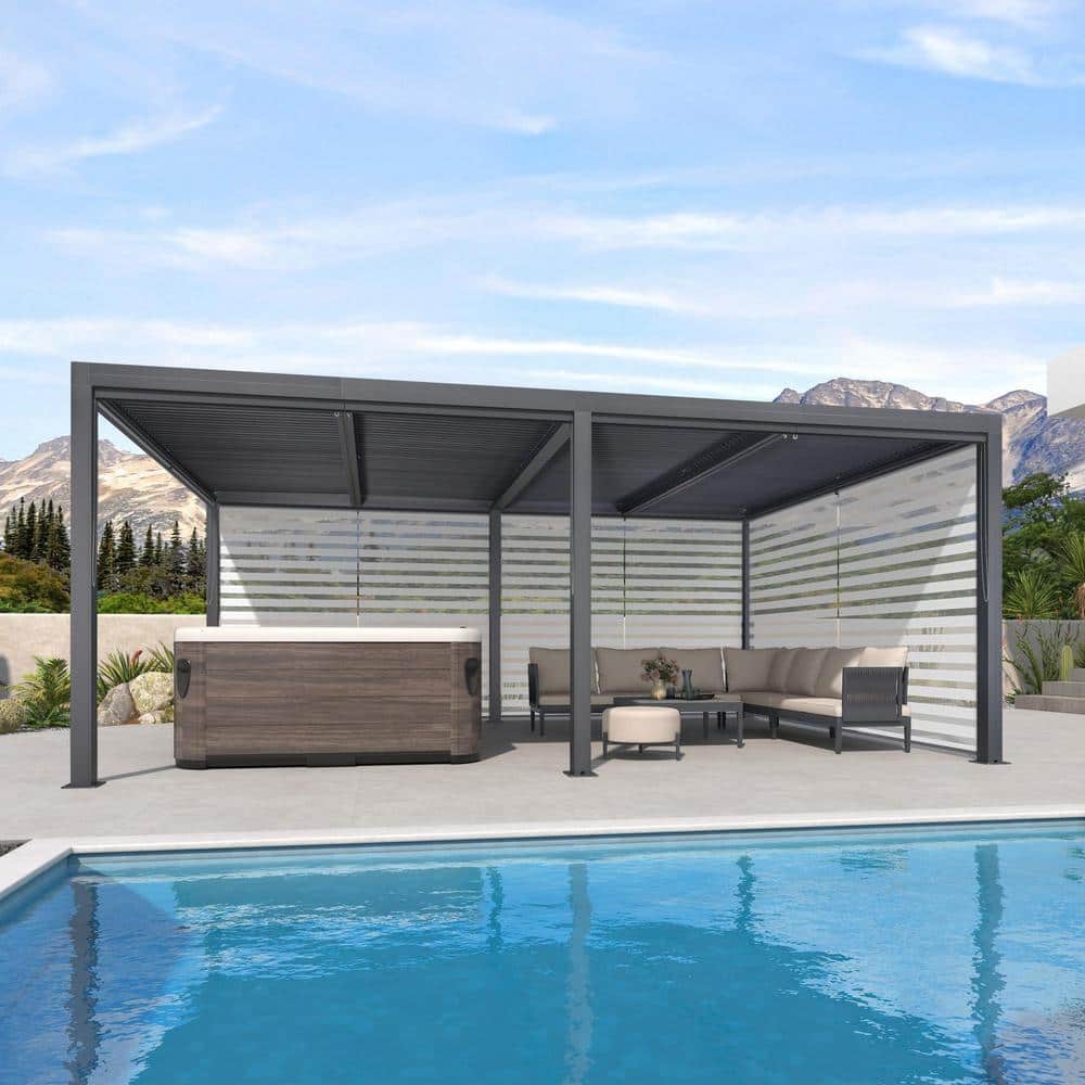 12 ft. x 20 ft. Gray Aluminum Frame Louvered Pergola with Adjustable Sunshade Roof and 1-Long 1-Short Side Roller Shades price history on PriceWatchPro