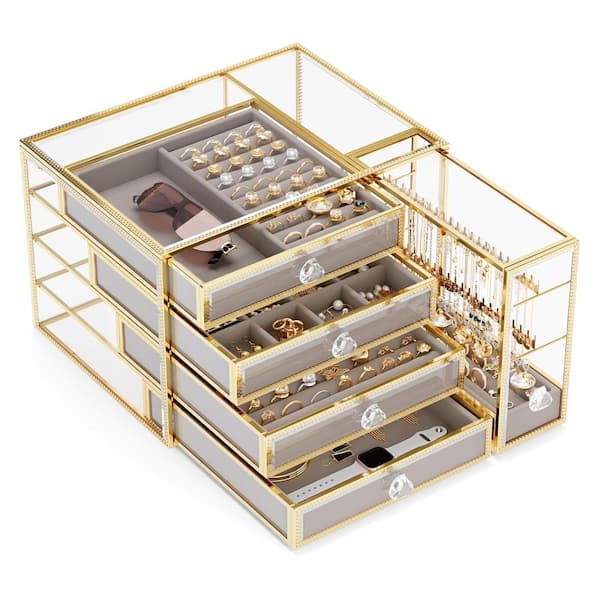 Unbranded Tempered Glass 5-Drawer Jewelry Organizer Box, Gray