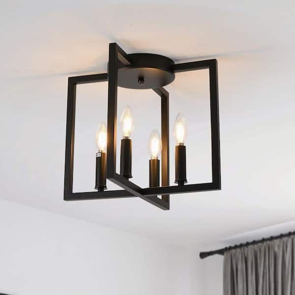 14.57 in. 4-Light Matte Black Geometric Semi-Flush Mount with Metal Shade