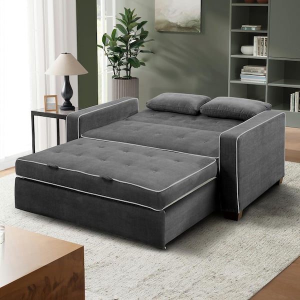 Serta Augustus 38 In Gray Linen 2 Seater Queen Sleeper Convertible Sofa Bed With Square Arms Sa Ags Qs3u5 Cy The
