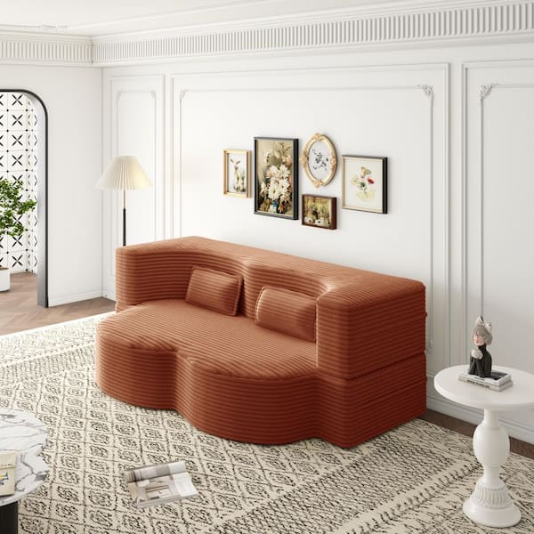 Polibi 78 in. Square Arm Corduroy Sofa in Orange with Plush