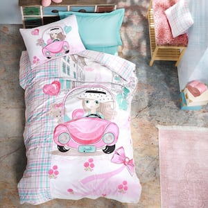 Pink Car Duvet Cover Set, Twin Size Duvet Cover, 1 Duvet Cover, 1 Fitted Sheet and 2 Pillowcases, Iron Safe