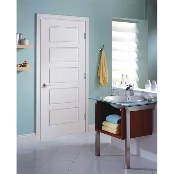 28 in. x 80 in. 5 Panel Left-Handed Primed Composite Solid Core Single Prehung Interior Door 4-9/16 in. Flat Jamb