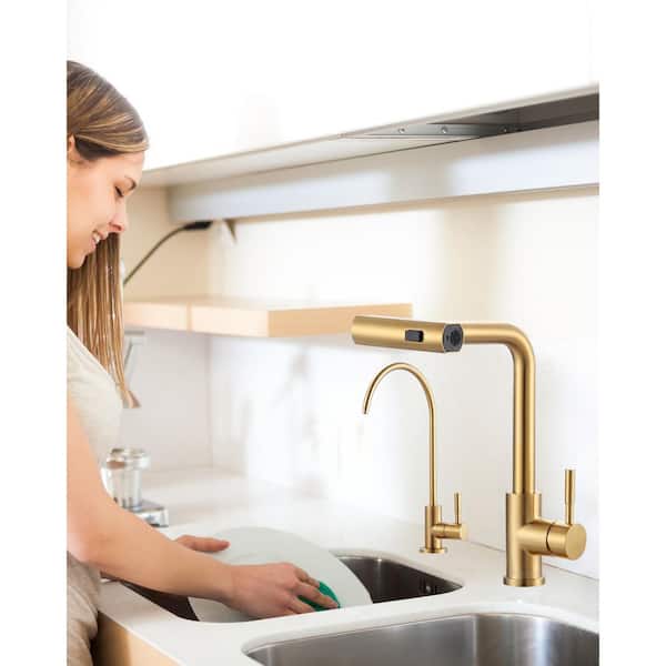 Brushed Gold 15.7 in. Single Handle Pull Down Sprayer Kitchen Faucet with 360° Swivel Spout and Drinking Water Faucet