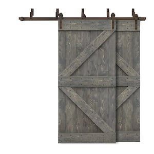 48 in. x 84 in. K Bypass Weather Gray Stained DIY Solid Wood Interior Double Sliding Barn Door with Hardware Kit