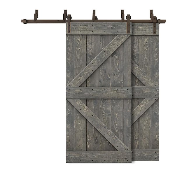 CALHOME 68 in. x 84 in. K-Bypass Weather Gray Stained DIY Solid Wood Interior Double Sliding Barn Door with Hardware Kit