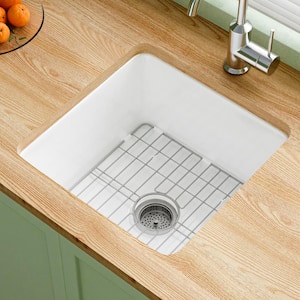 White Fireclay 18 in. Single Bowl Round Corner Undermount/Drop-In Kitchen Sink with Bottom Grid and Basket Strainer