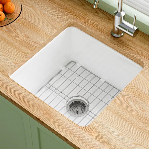 Kuomih White Fireclay 18 in. Single Bowl Round Corner Undermount/Drop-In Kitchen Sink with Bottom Grid and Basket Strainer