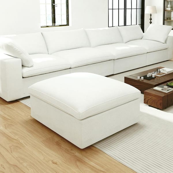 39 in. White Barong Linen Flannel Fabric Upholstered Modular Armless Comfy Sofa Coffee Table Ottoman for Apartment