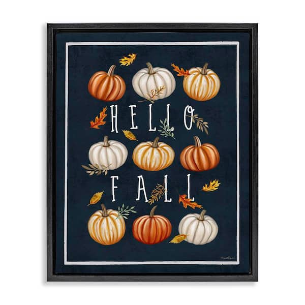 Stupell Industries Hello Fall Mixed Pumpkins by Elizabeth Tyndall Black Floater Frame Graphic Typography Art Print 31 in. x 25 in.