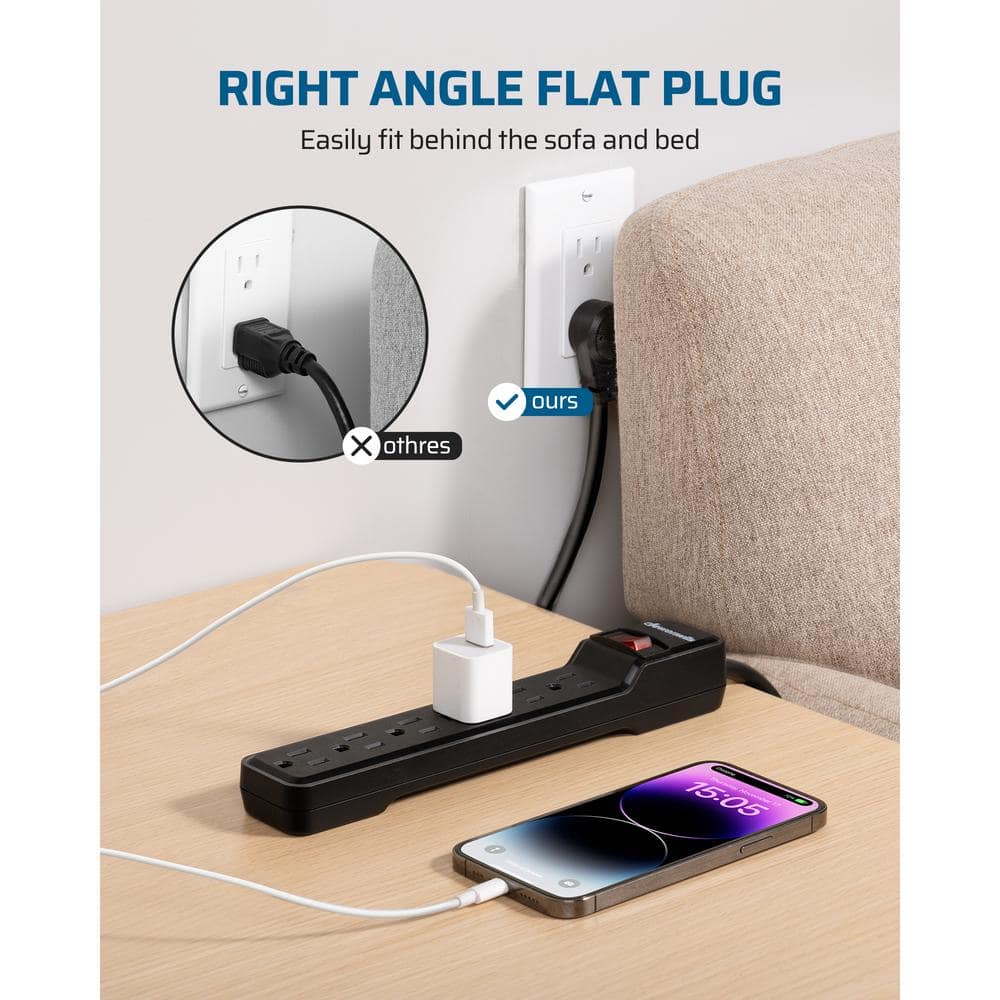 Black 6-Outlet Power Strip with 10ft Cord and Surge Protector
