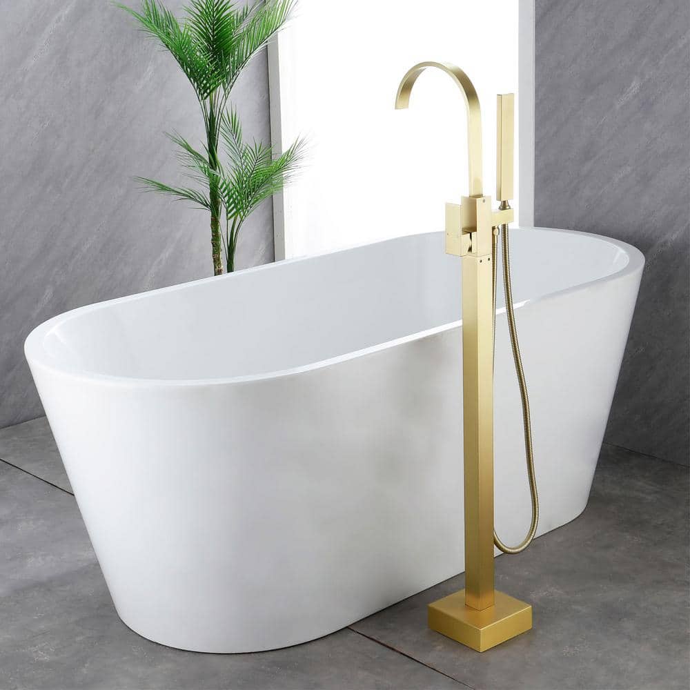 Brushed Gold Brass Waterfall Floor Mount Freestanding Tub Faucet