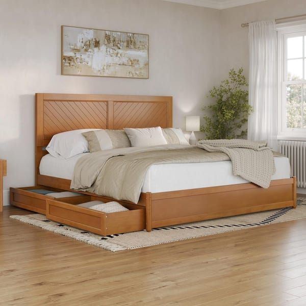 Clayton Light Toffee Natural Bronze Solid Wood Frame King Platform Bed with Panel Footboard and Storage Drawers
