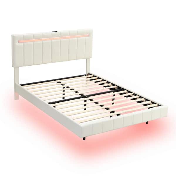 URTR White Wood Frame Full Size Floating Platform Bed with USB Charging PU Leather Upholstered Bed with LED Light, Headboard