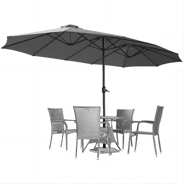 Outdoor 15 ft. Steel Market Patio Umbrella Double-Sided Twin Patio Umbrella with Crank in Dark Grey