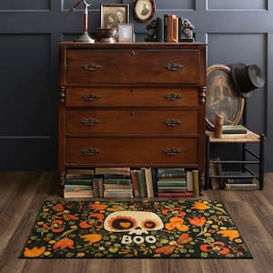 Flower Boo Skull Black 2 ft. x 3 ft. 4 in. Machine Washable Holiday Area Rug