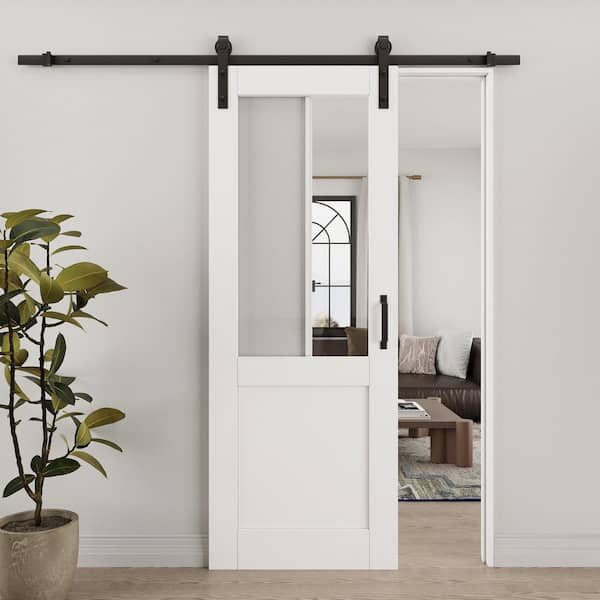 30 in. x 80 in. 1/2-Lite Tempered Clear Glass White Primed Solid Core MDF Sliding Barn Door with Hardware Kit