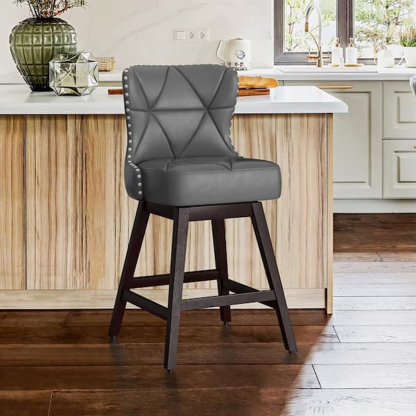 Zola 26 in. Dark Gray Wood Frame Counter Bar Stool Faux Leather Upholstered Swivel Bar Stool (Set of 1)