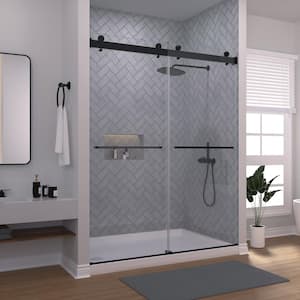 Aohl 60 in. W x 76 in. H Sliding Semi-Frameless Shower Door in Matte Black Finish with Clear Glass