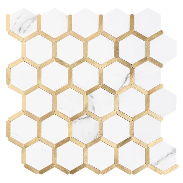Yipscazo Hexagon Marble White with Golden 12 in. x 12 in. PVC Peel and Stick Backsplash Wall Tile (10 sq. ft./10-Sheets)