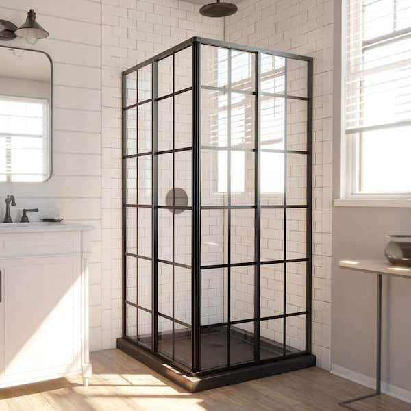 French Corner 34 1/2 in. x 34 1/2 in. x 72 in. Framed Corner Sliding Shower Enclosure in Matte Black