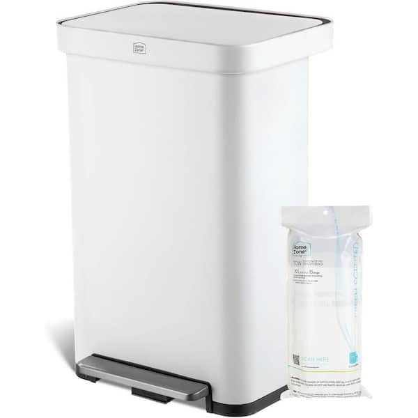 Home Zone Living 18.5 Gal. Large White Stainless Steel Kitchen Trash Can with Step-On Pedal and Slow Closing Lid, Virtuoso Collection